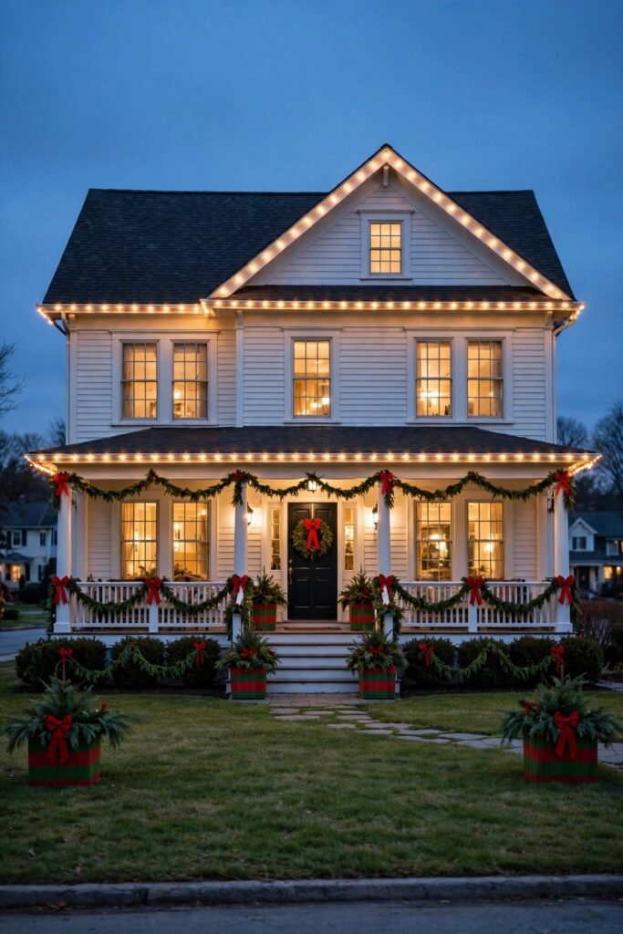 Suburban home decorated with a red, green and warm white outdoor Christmas palette at dusk