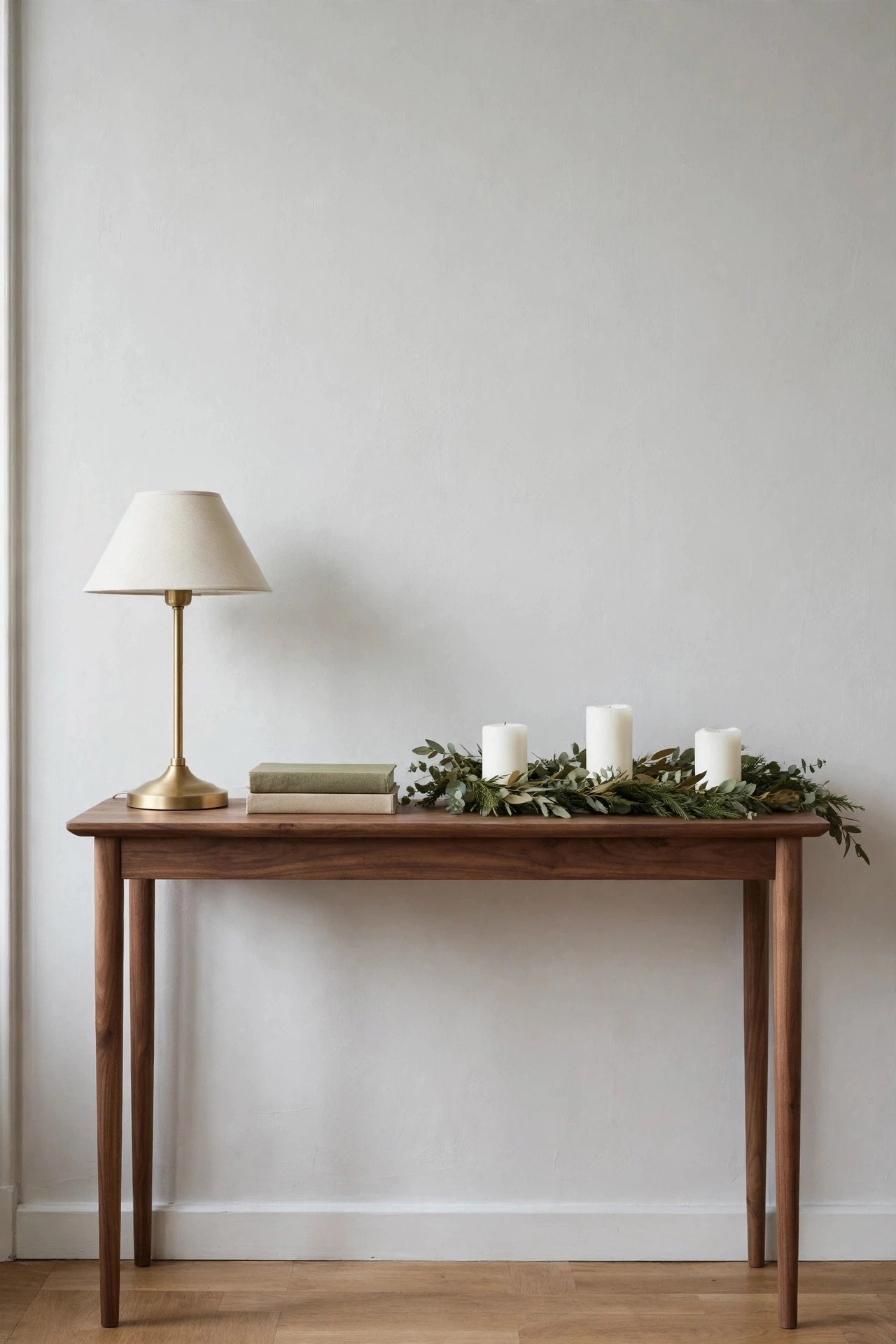 Cleared console table with a lamp, books, and simple Christmas garland