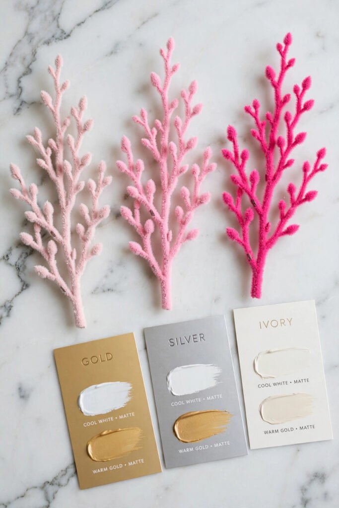 Blush, bubblegum, and hot pink tree branch samples compared with color swatches