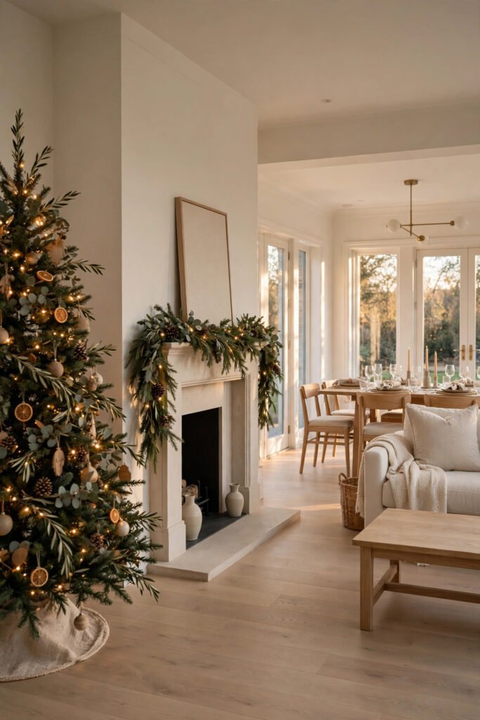 Open-plan room with three clear Christmas decor focal points