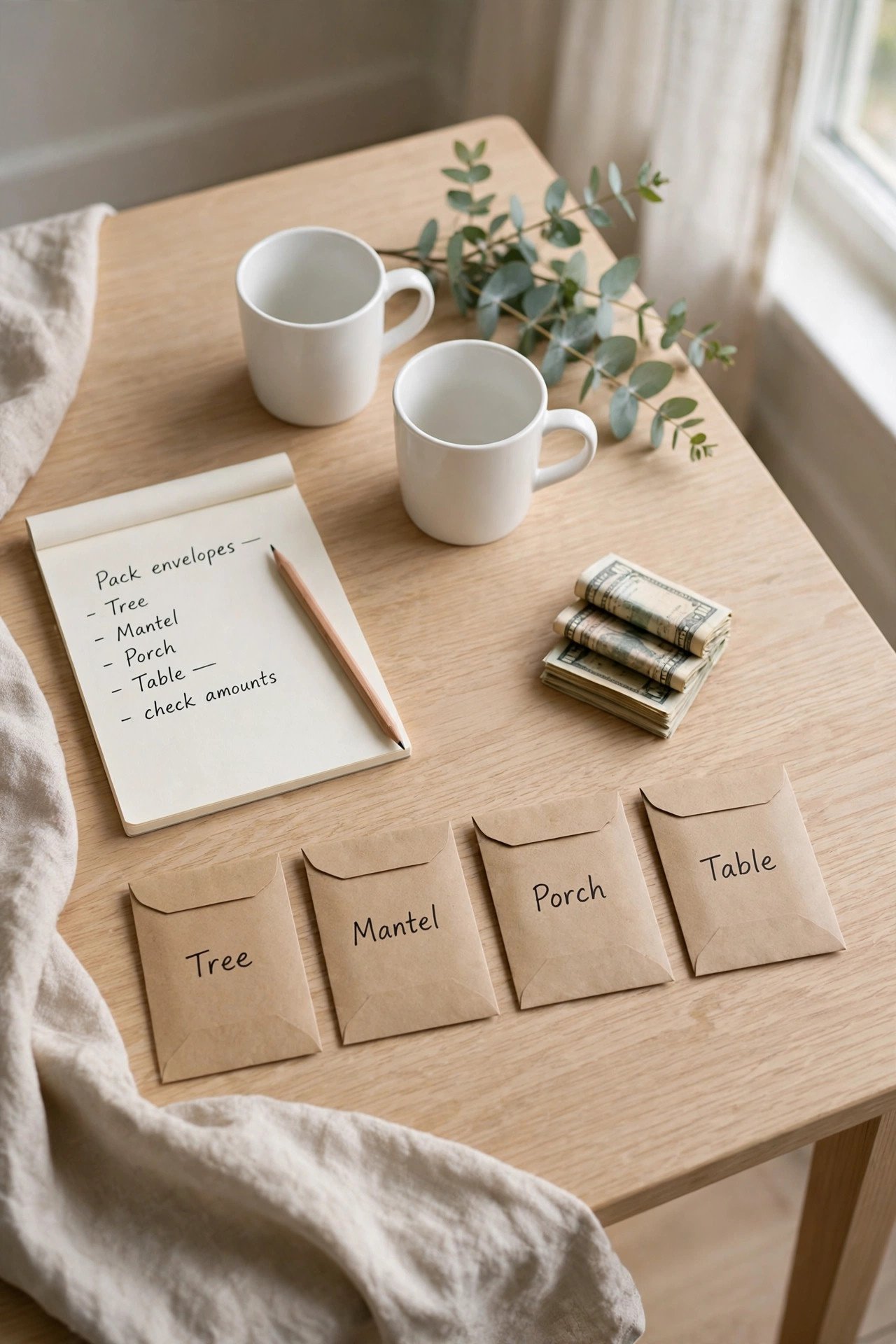 Four labeled budget envelopes for Christmas decorating on a kitchen table