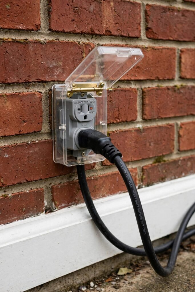 Outdoor GFCI outlet with a heavy-duty extension cord on a brick wall