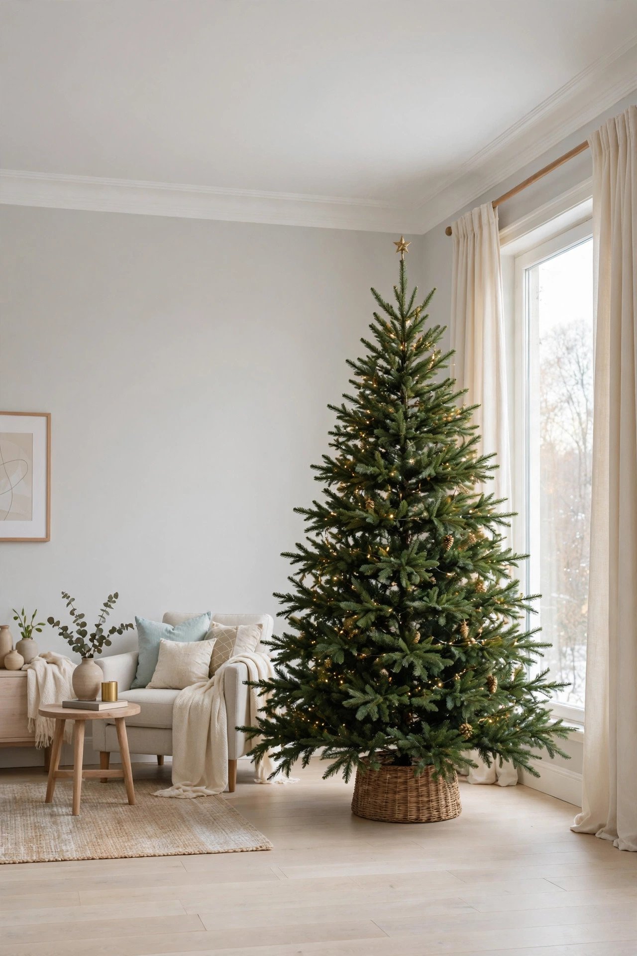 Seven-and-a-half-foot Christmas tree with clear space below a nine-foot ceiling