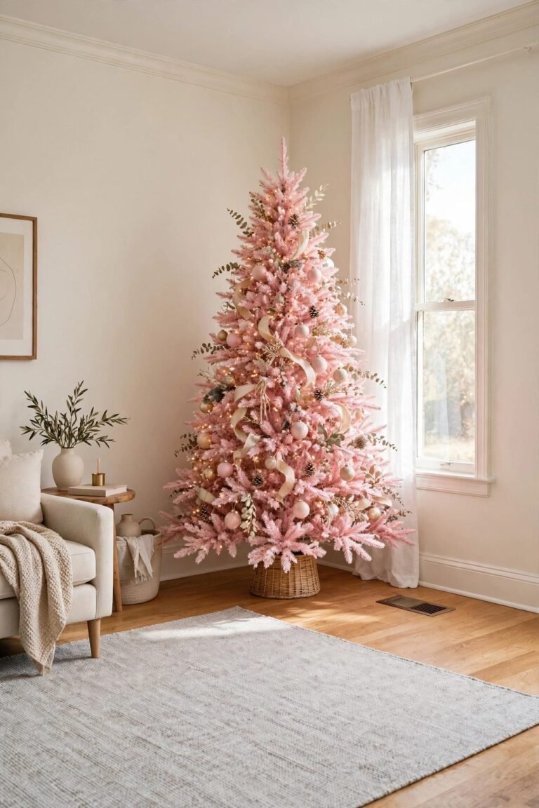 Pink Christmas tree placed in a window corner away from a floor heat vent