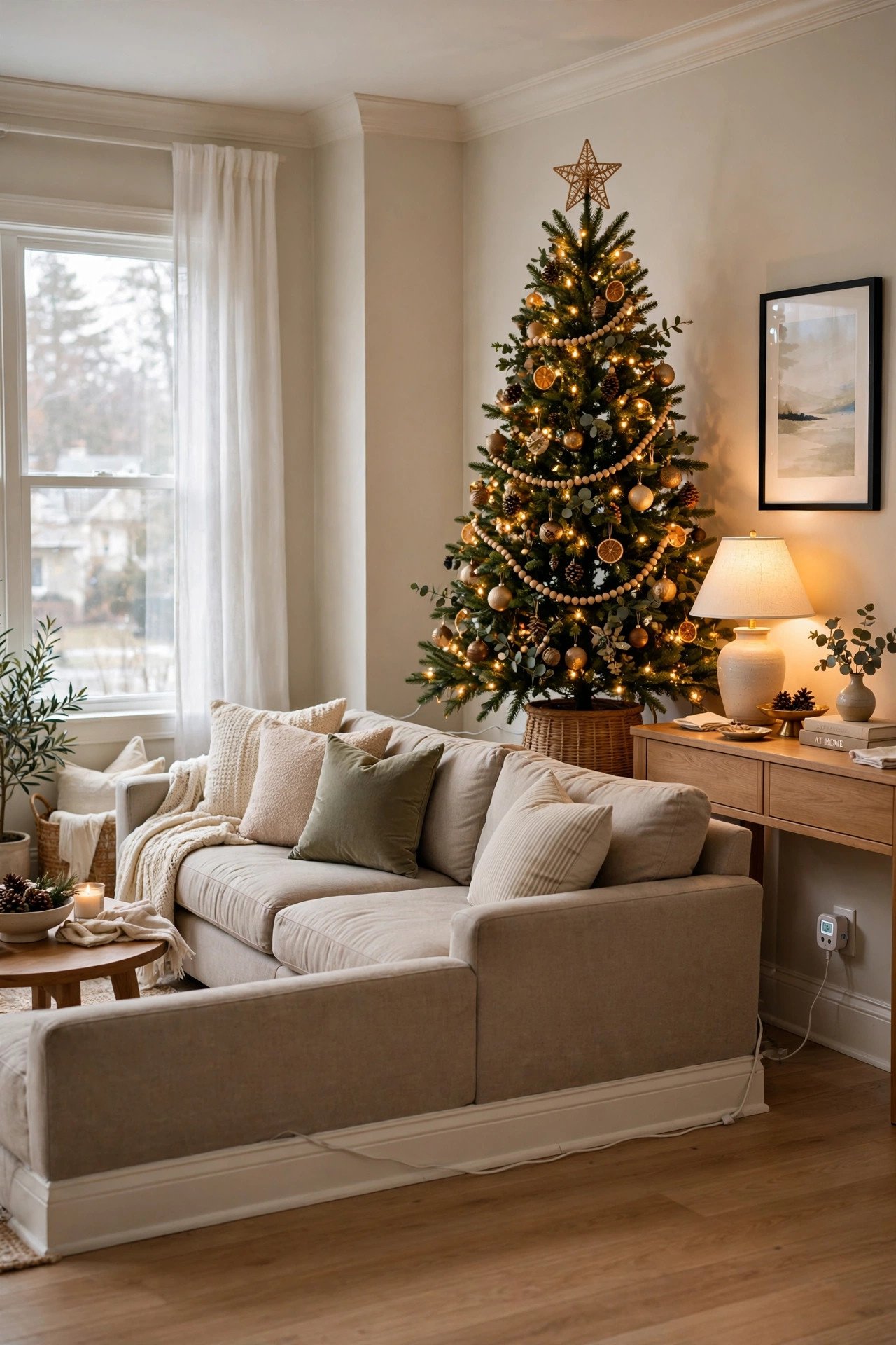 Christmas tree cord routed along baseboard to a timer outlet