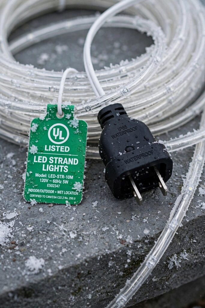 Green UL label on an outdoor-rated Christmas light strand