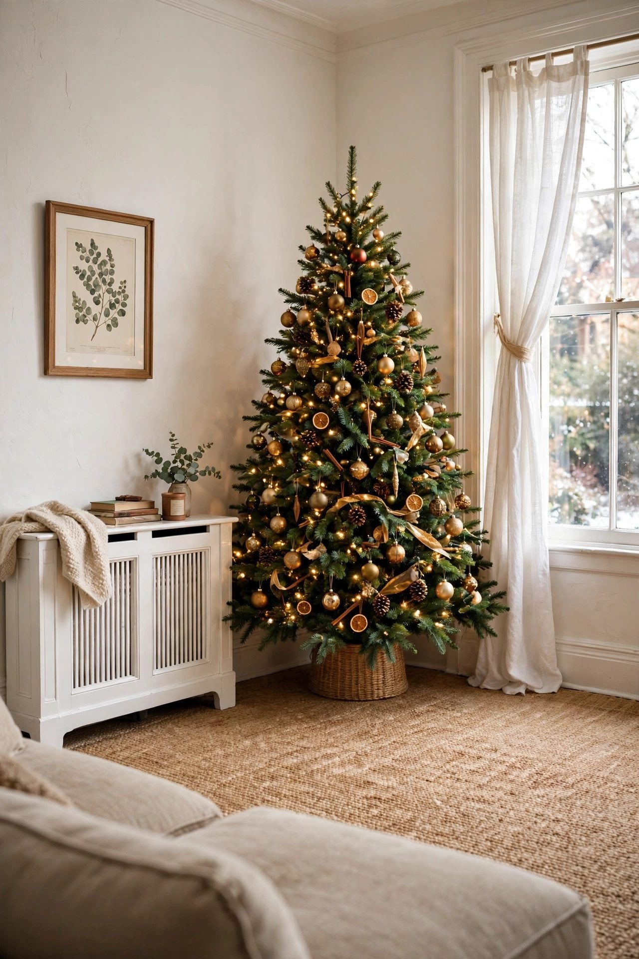 Christmas tree placed in the corner of a living room next to a window