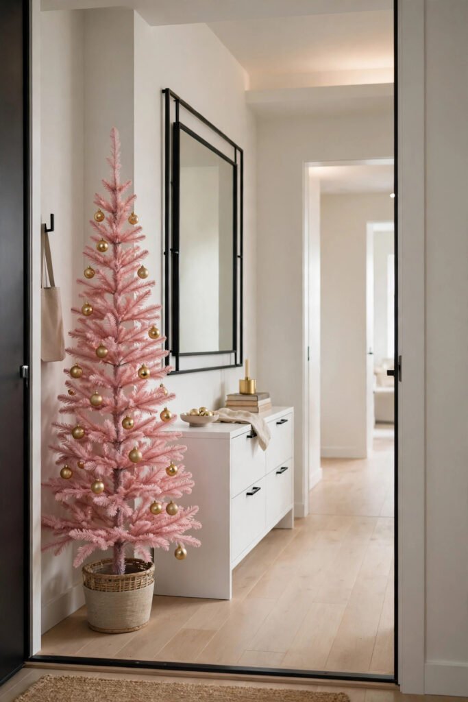 Slim pink pencil Christmas tree in a narrow apartment entryway