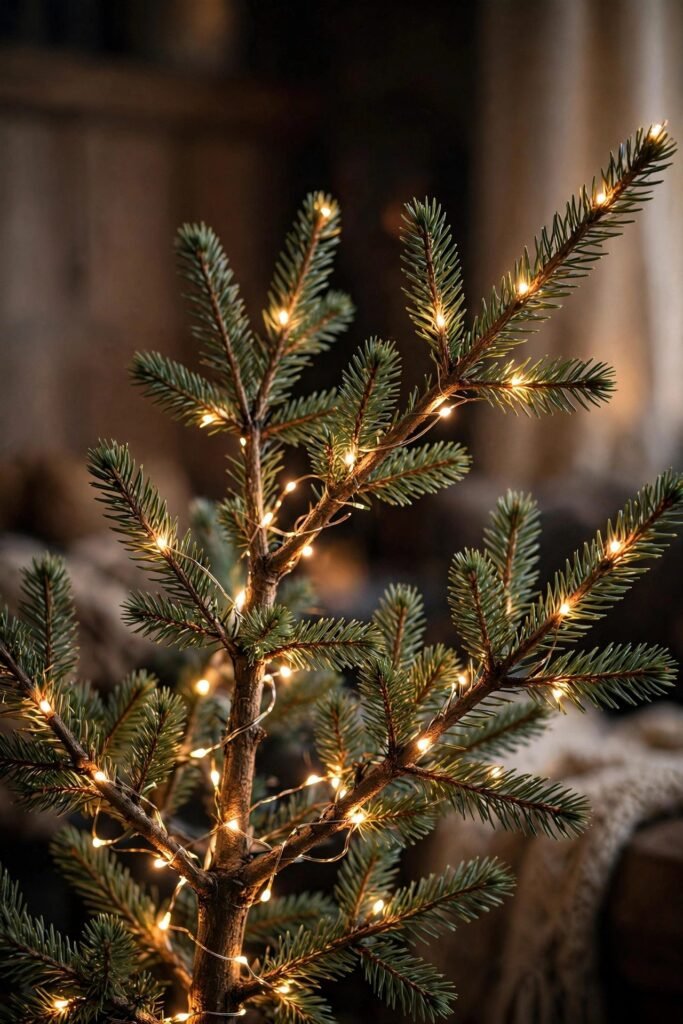 Close-up of lights woven deep into Christmas tree branches