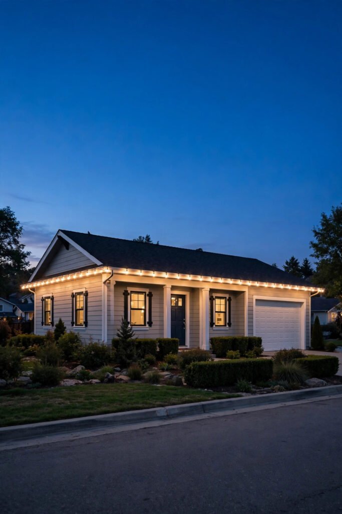 Ranch house roofline outlined with evenly spaced warm white C9 bulbs