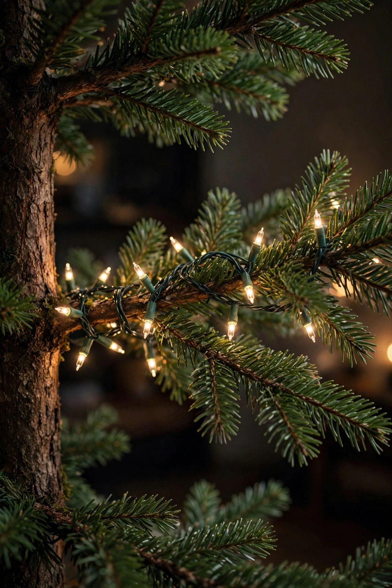 Warm white lights wound deep inside Christmas tree branches before ornaments