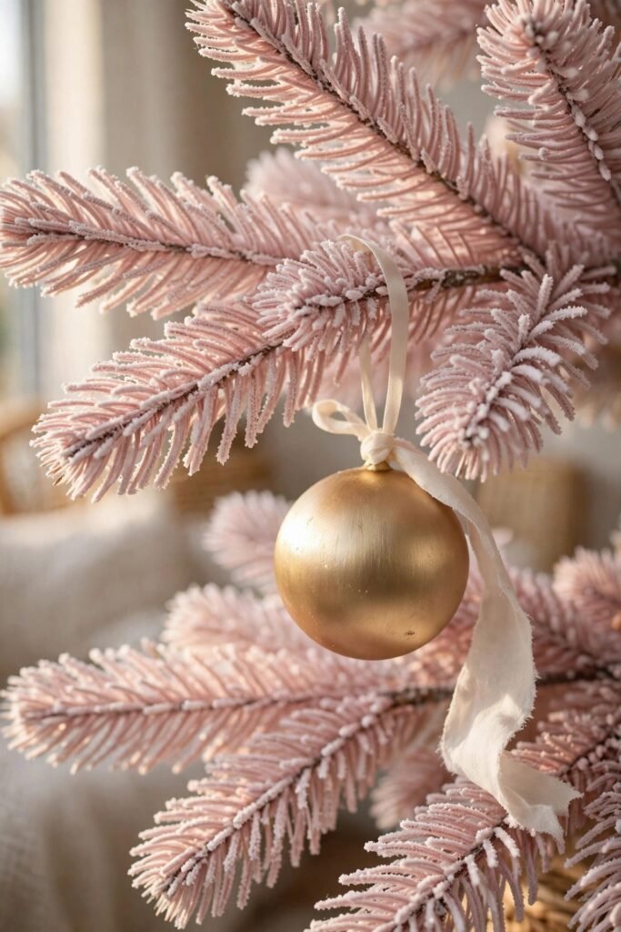 Close-up of flocked blush pink Christmas tree branch texture