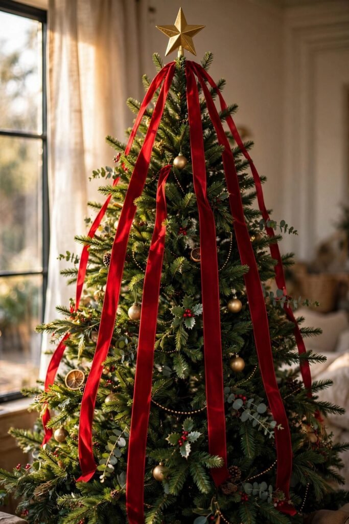 Christmas tree with ribbon in vertical cascades