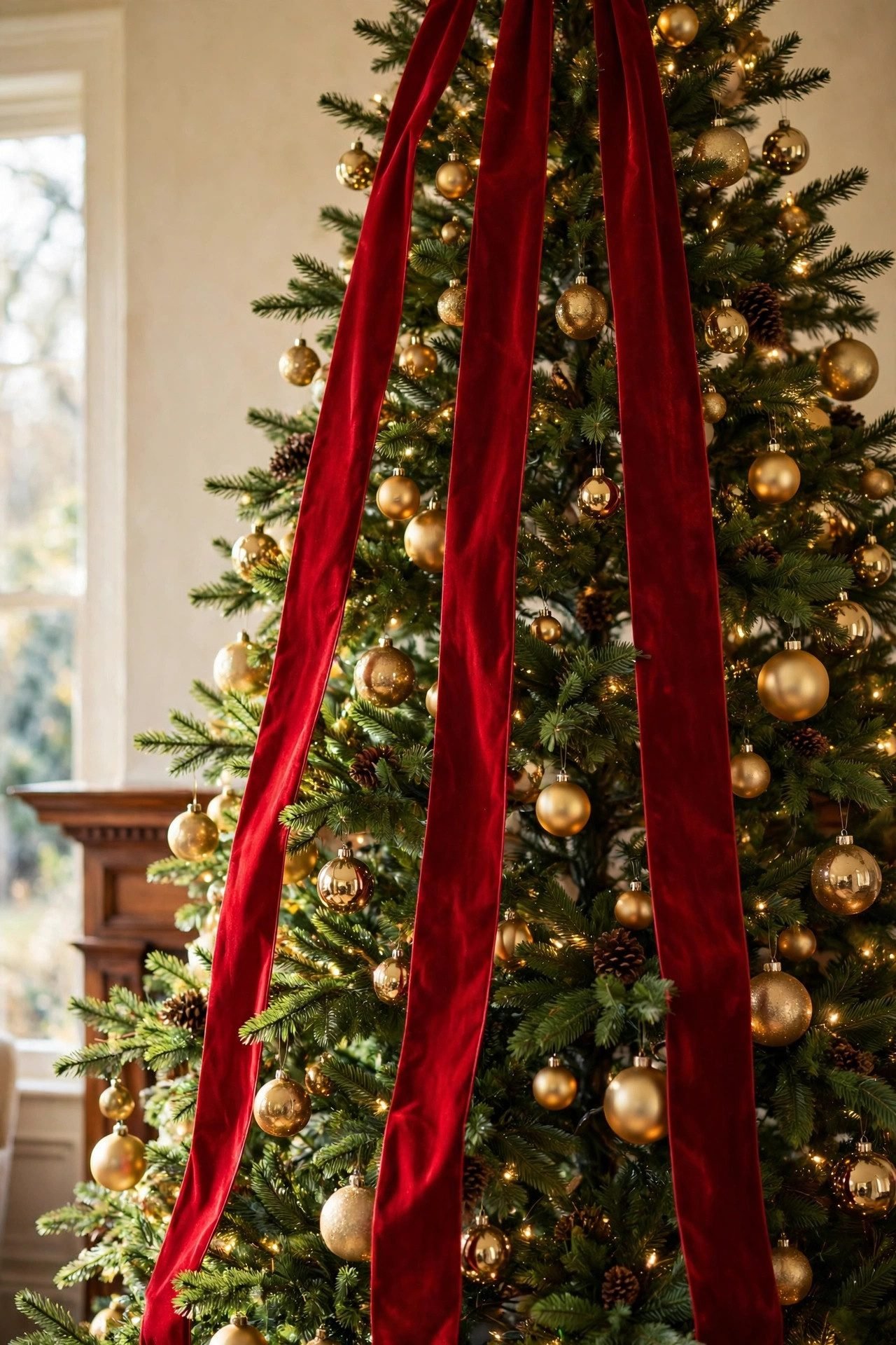 Red velvet ribbon cascading vertically down a Christmas tree