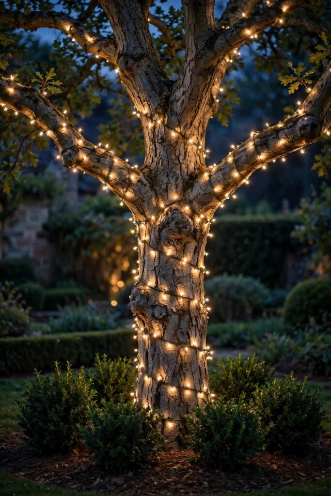 Oak tree trunk wrapped in warm white mini lights at dusk