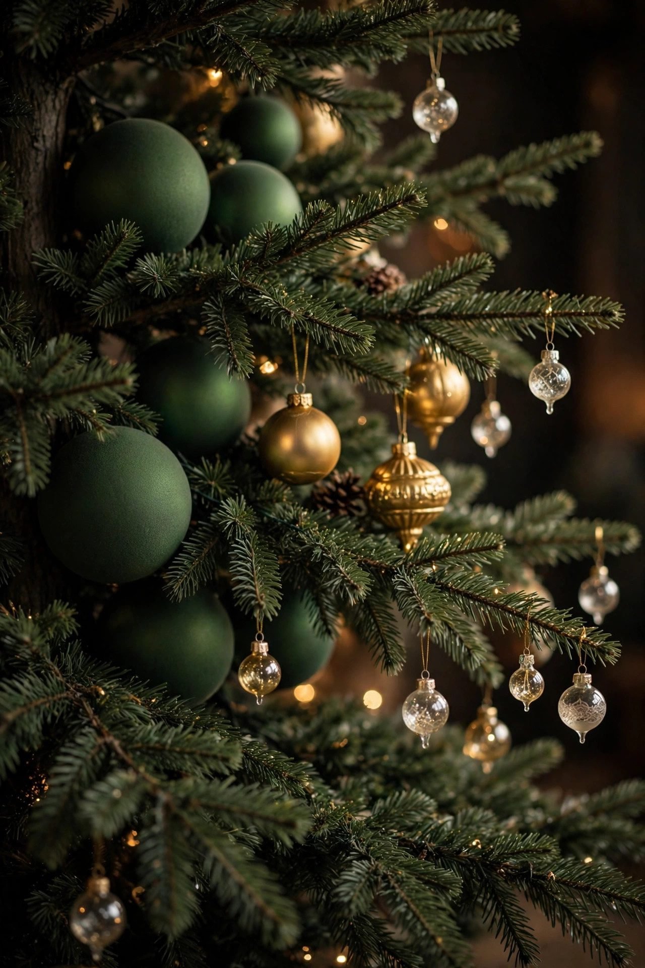 Christmas tree ornaments arranged in three size tiers from trunk to branch tip