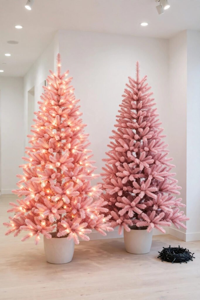 Pre-lit pink Christmas tree beside an unlit pink tree with a light strand