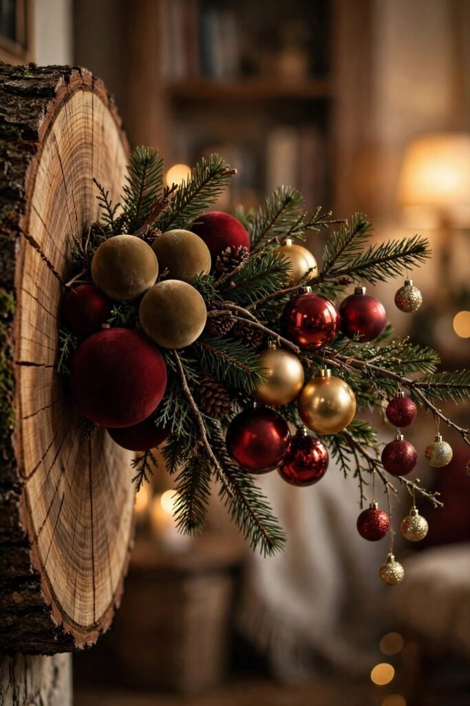 Christmas tree branch with ornaments layered from large to small