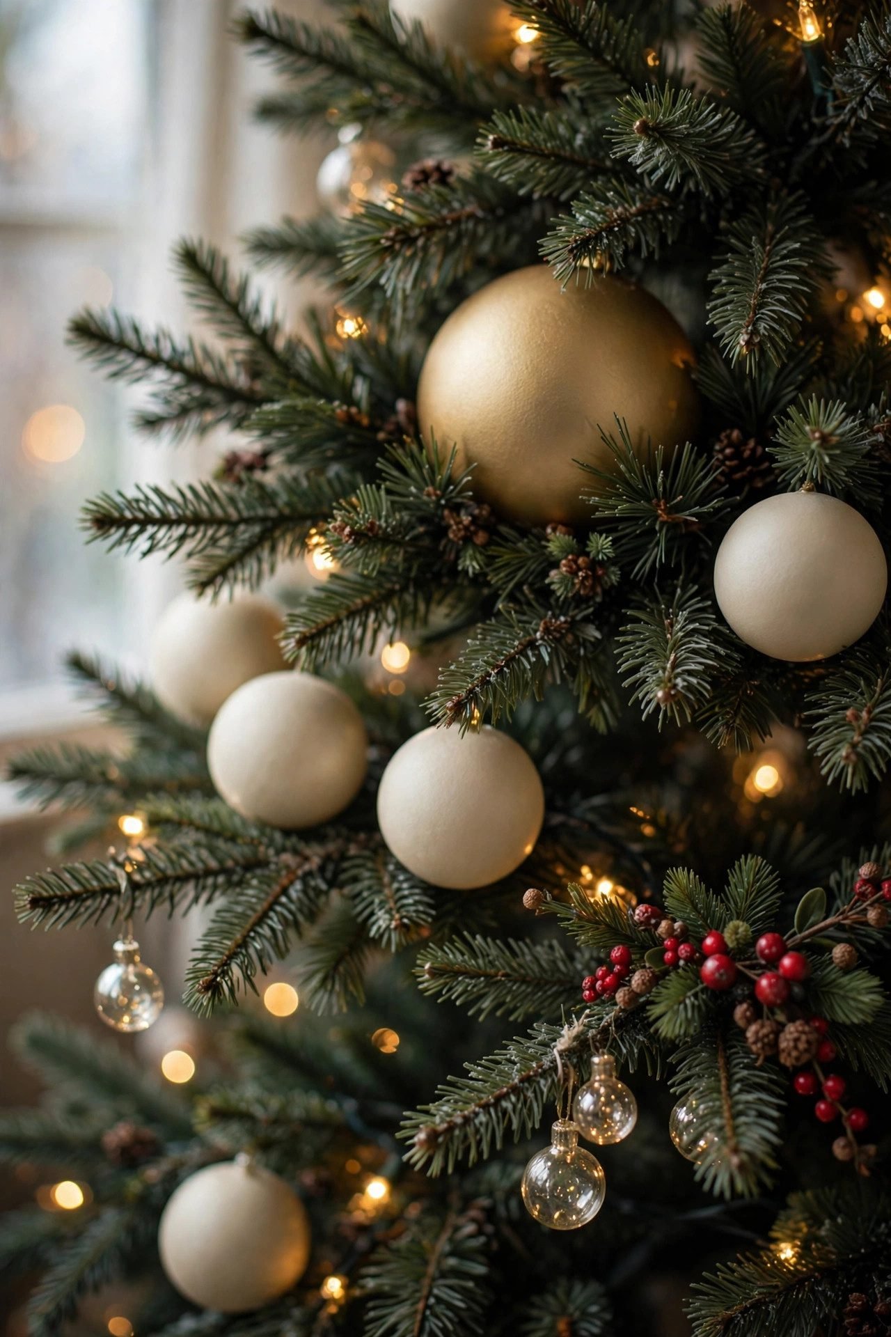 Large, medium, and small Christmas ornaments layered on tree branches