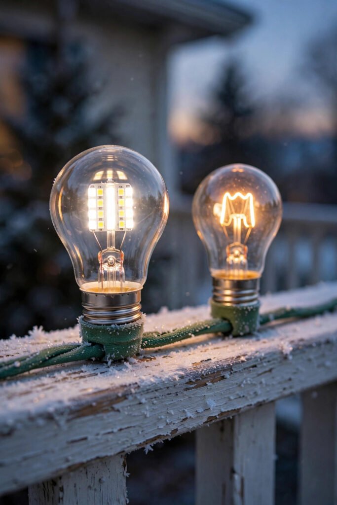 LED and incandescent mini light bulbs compared side by side on a porch railing