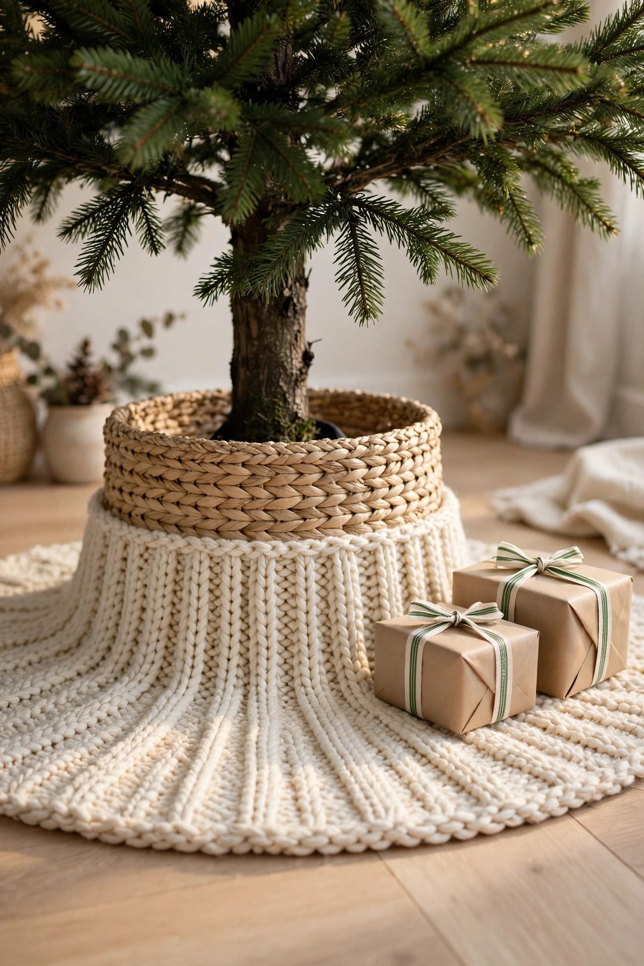 Cream knit tree skirt and woven basket collar covering a Christmas tree stand