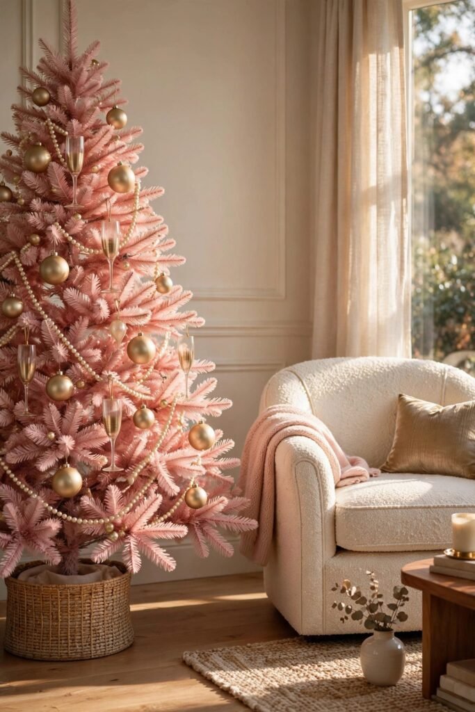 Blush pink and gold Christmas tree with ivory pearl garland