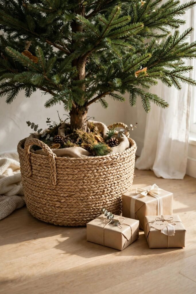 Christmas tree base hidden by a woven basket collar