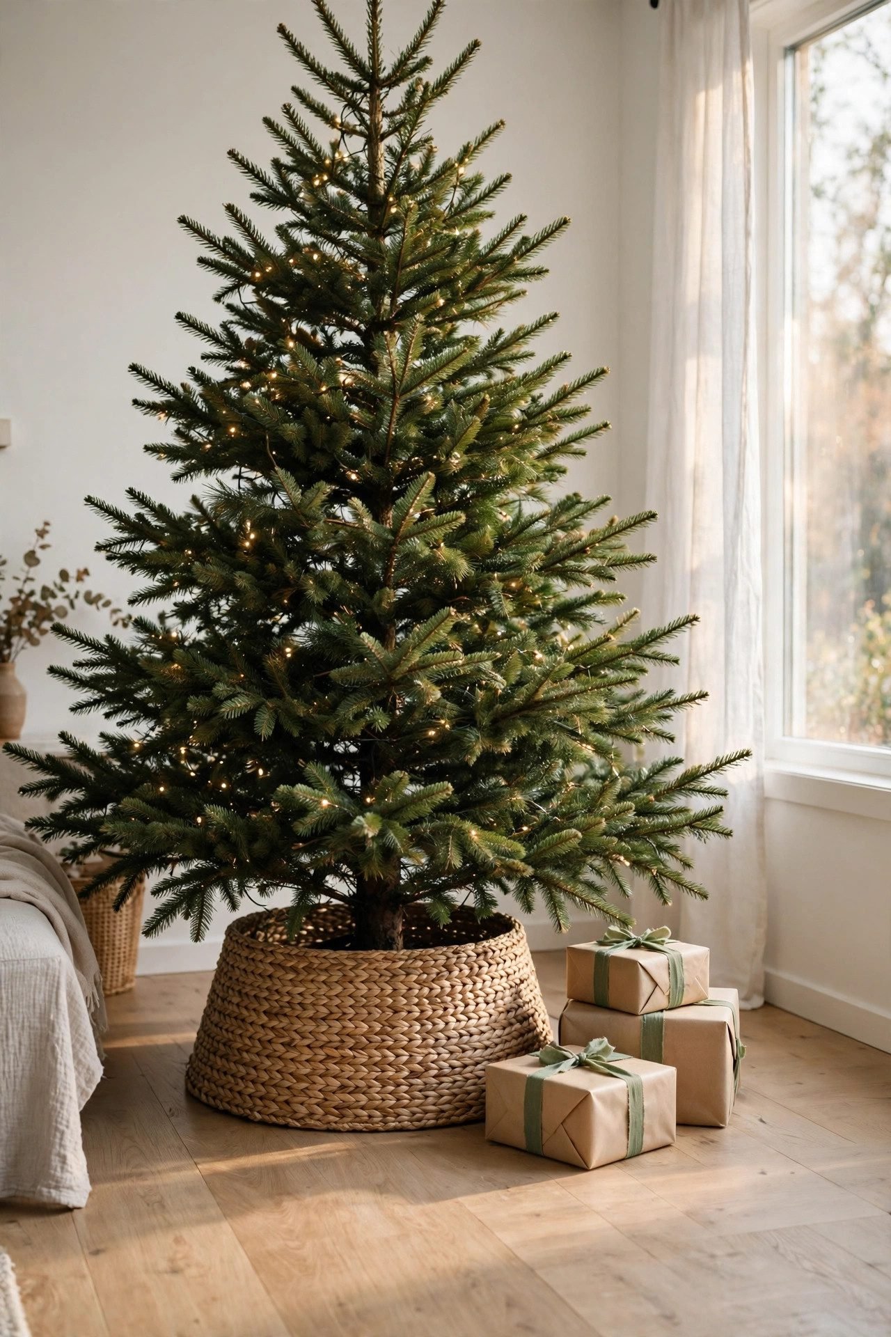 Woven tree collar hiding a Christmas tree stand with wrapped gifts