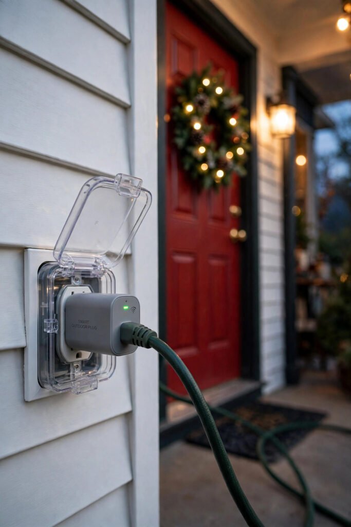 Outdoor smart plug in a weatherproof cover on a porch wall