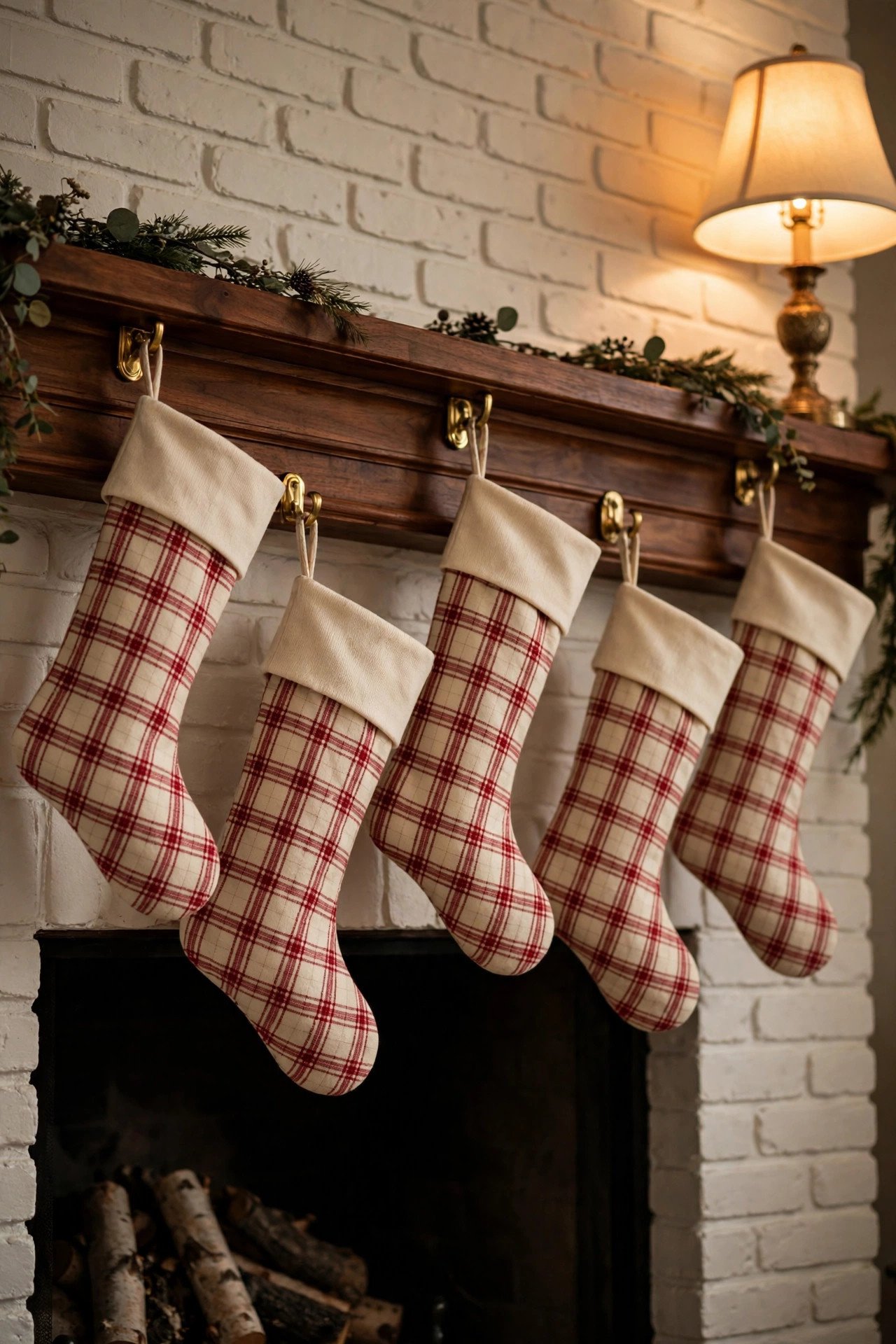 Five plaid stockings hung at staggered heights from a wooden mantel