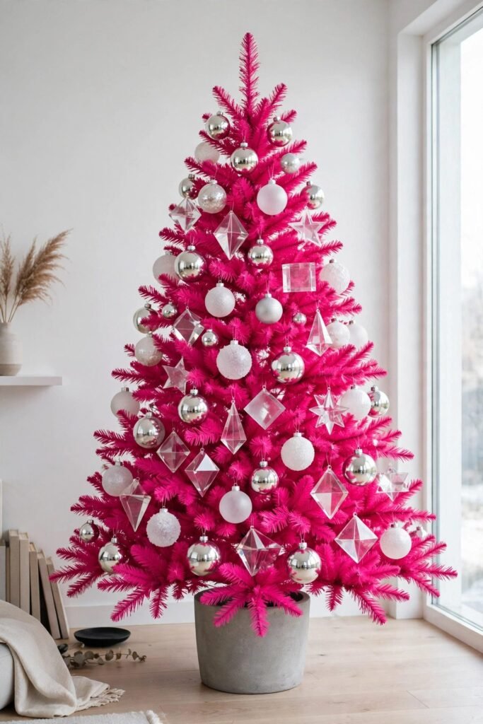 Hot pink Christmas tree with silver and white ornaments in a modern room