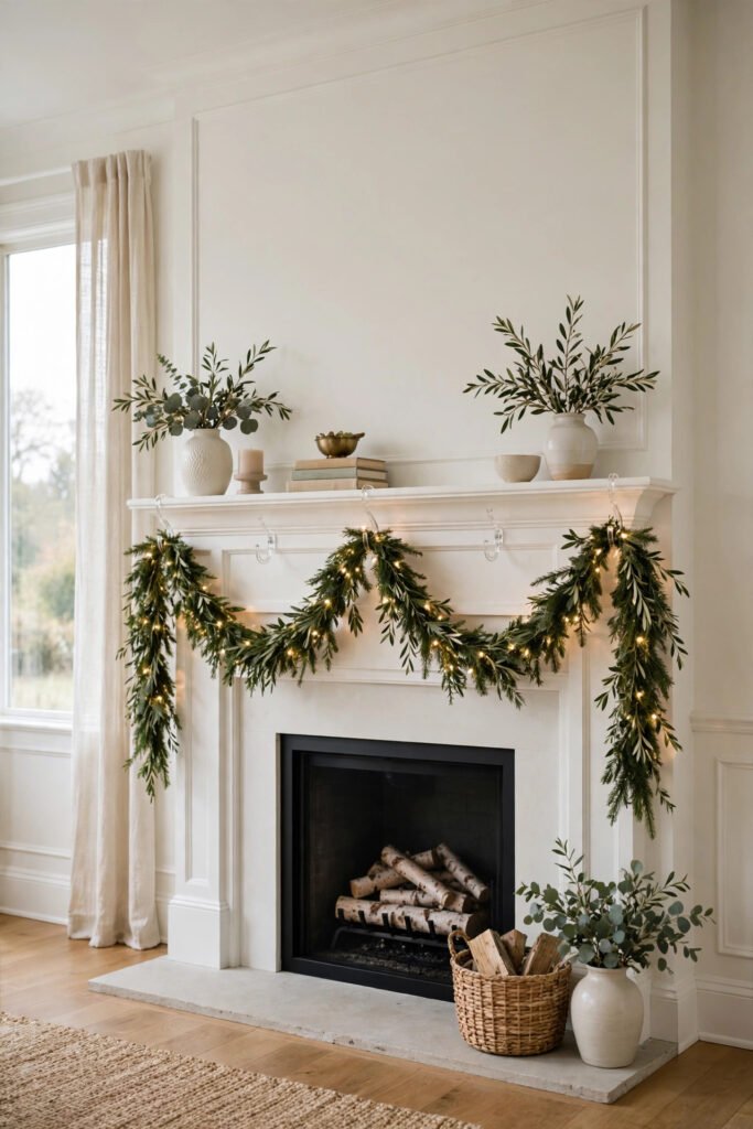 Fireplace mantel with garland draped in two swags