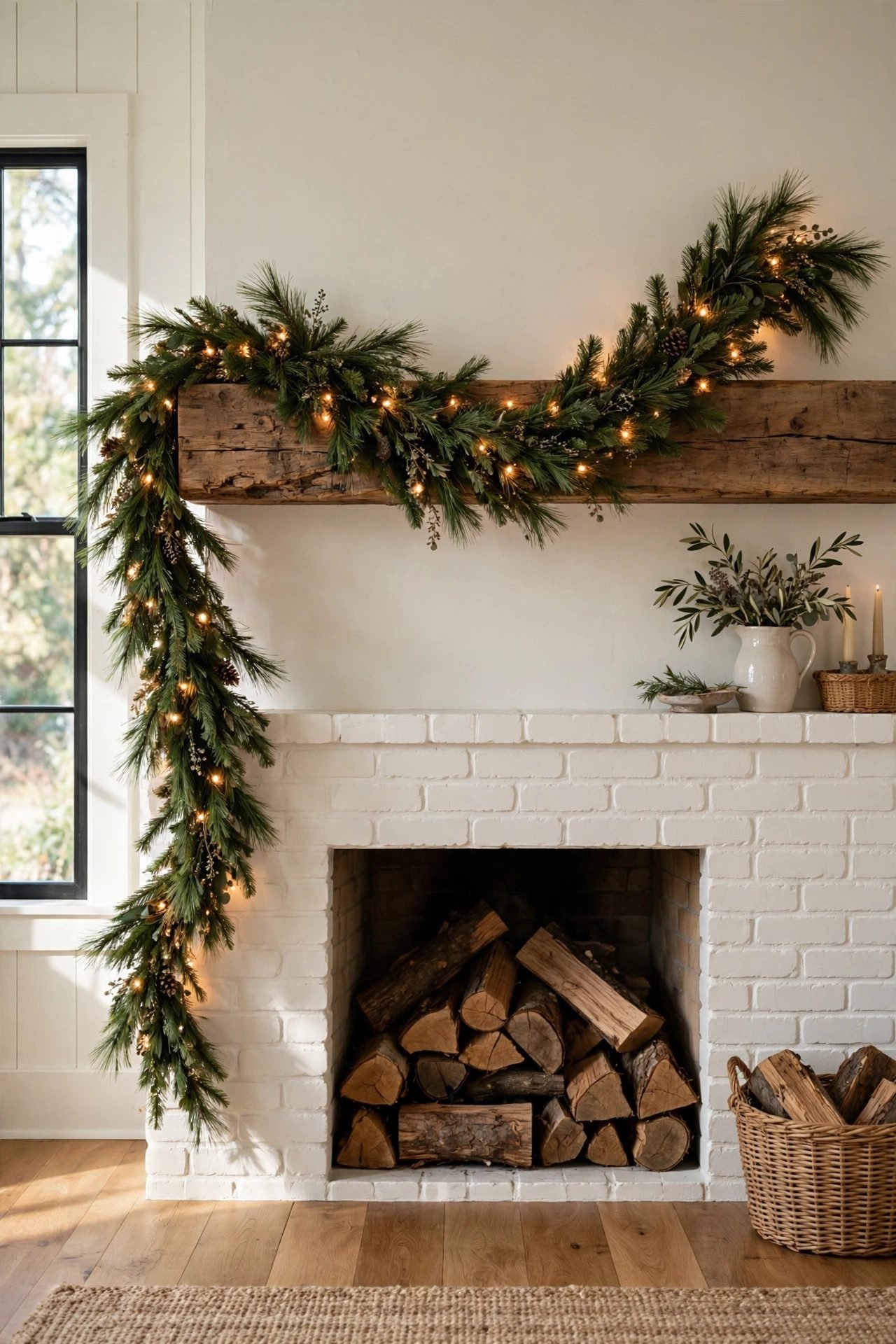 Pine garland draped asymmetrically across a fireplace mantel