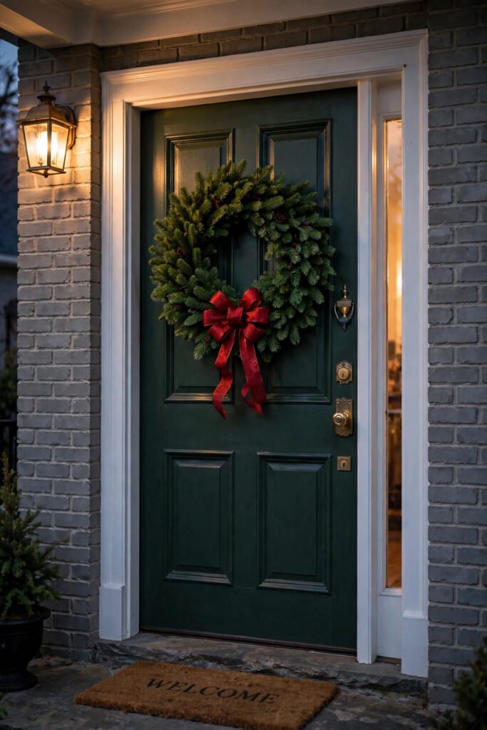 Faux evergreen wreath with a red bow centered at eye level on a green front door