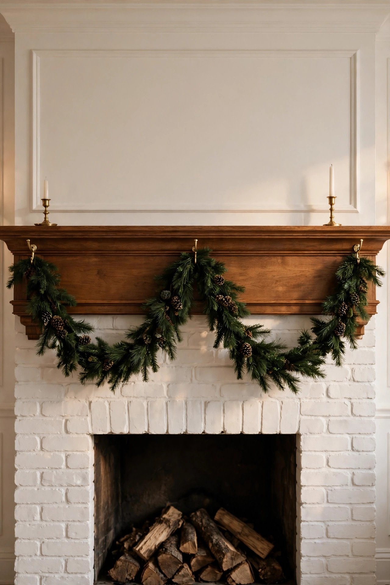Pine garland draped in two swags across a six-foot fireplace mantel
