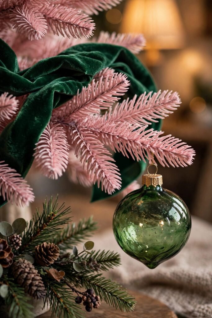 Pink Christmas tree branch with emerald velvet ribbon and green glass ornament