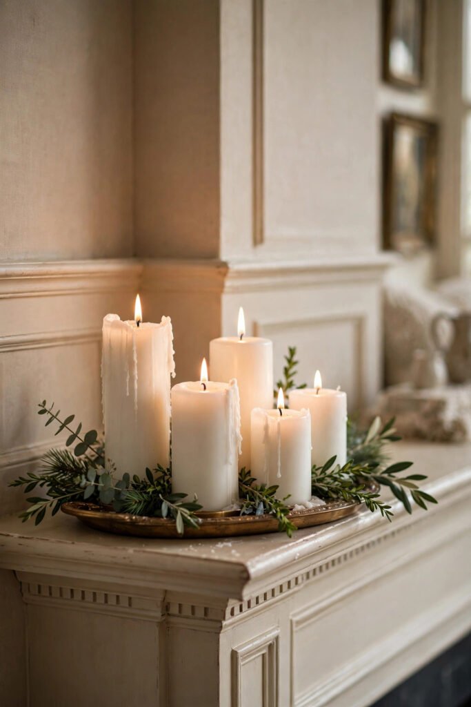 Group of five candles at varied heights on a Christmas mantel