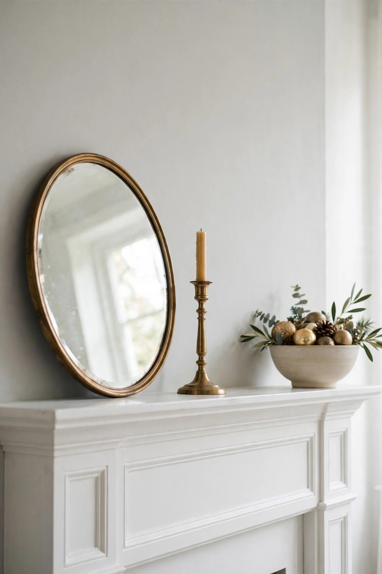 Mantel arranged in a triangle with mirror, candlestick, and bowl