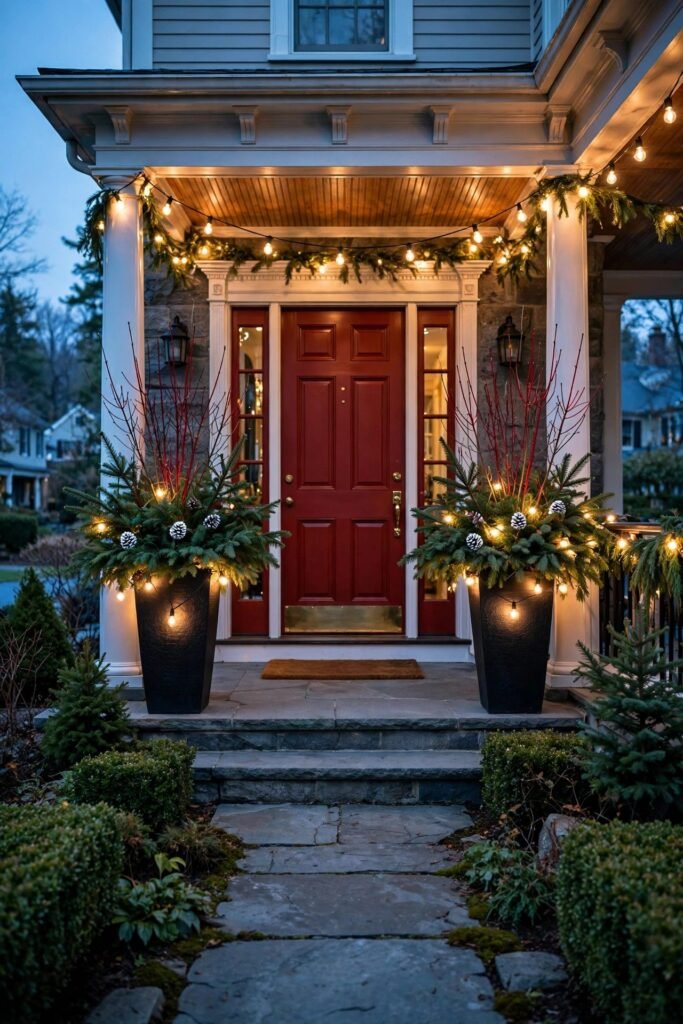 Matching black planters with spruce tips and red twigs flanking a red front door
