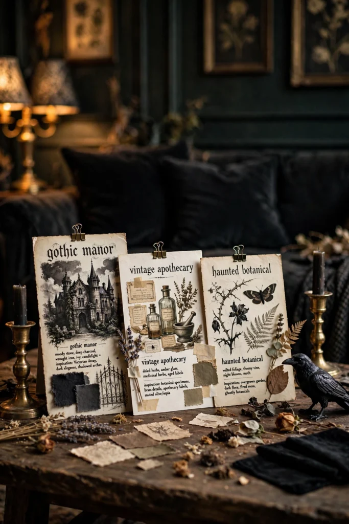 Coffee table with three Halloween aesthetic direction cards beside candles and dried flowers