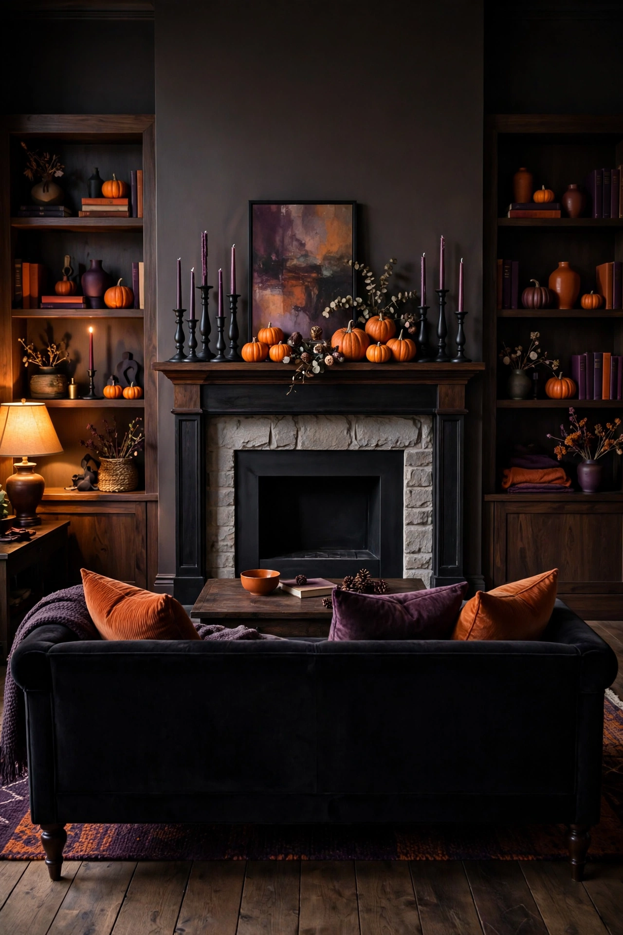 Living room with black, burnt orange, and plum Halloween color palette on sofa and mantel