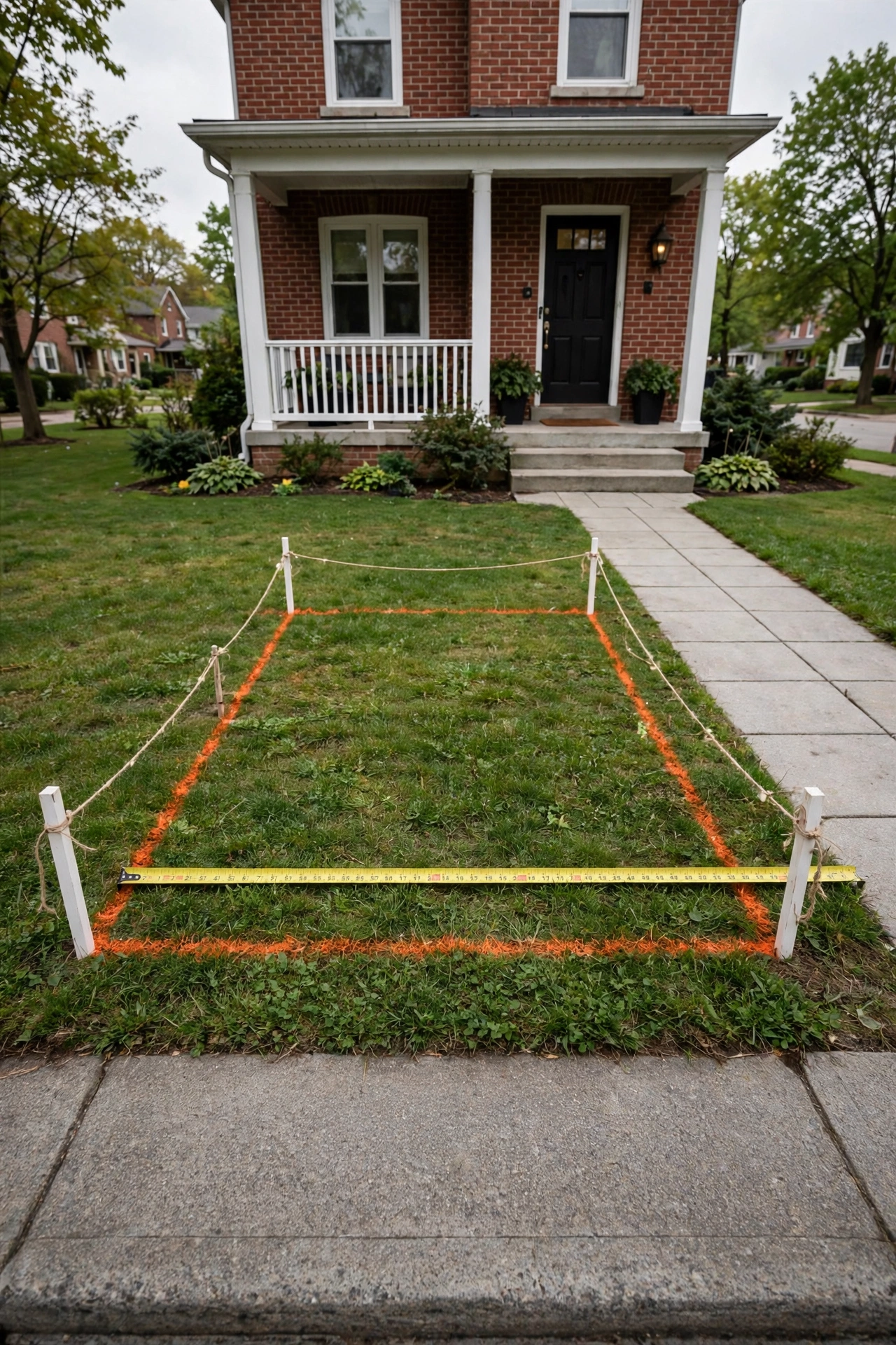 Front yard display zone marked with stakes, twine, and a tape measure beside a 36-inch walkway