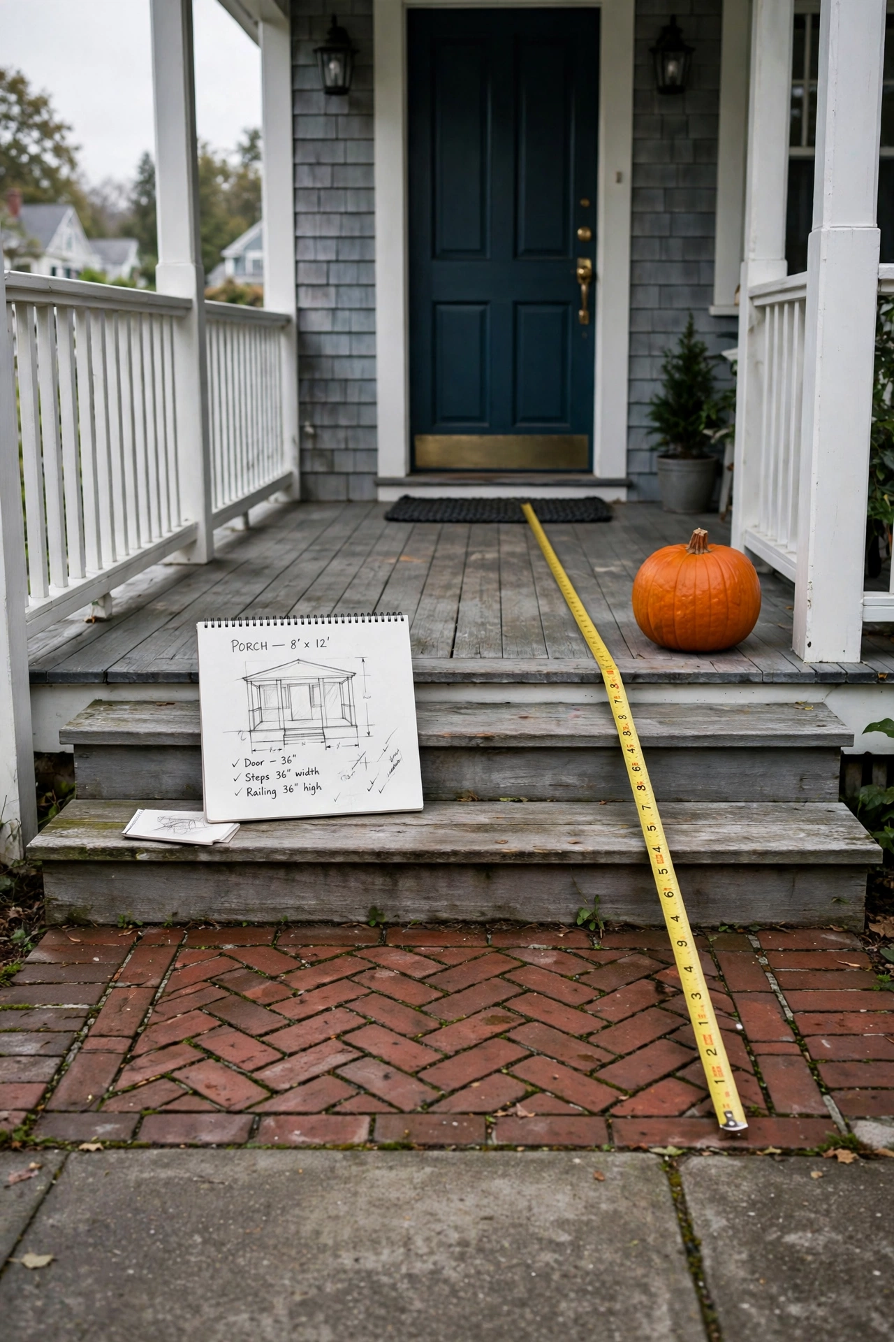 Measuring tape stretched across a front porch to plan Halloween decorations outdoor