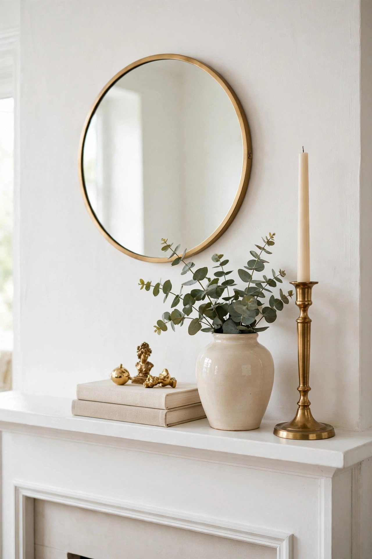 Mantel vignette with tall candlestick, vase, and low book stack at three heights