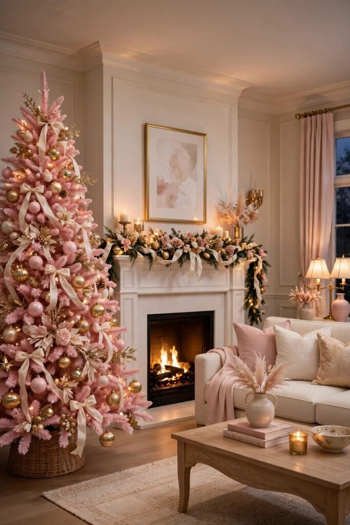 Pink Christmas tree in a living room styled with a three-color palette