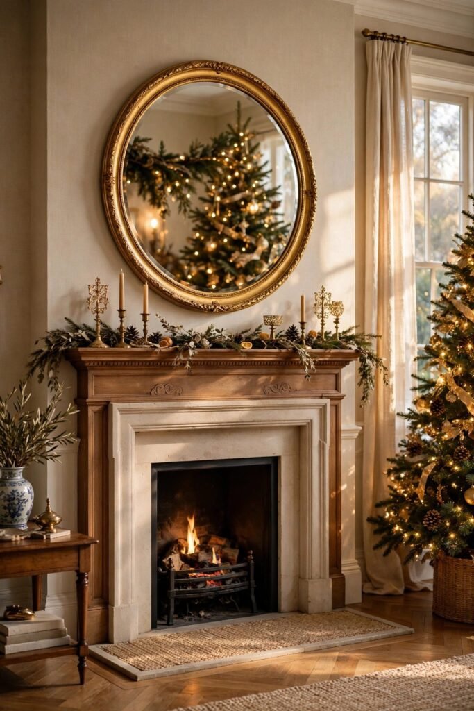 Large mirror centered above a Christmas mantel