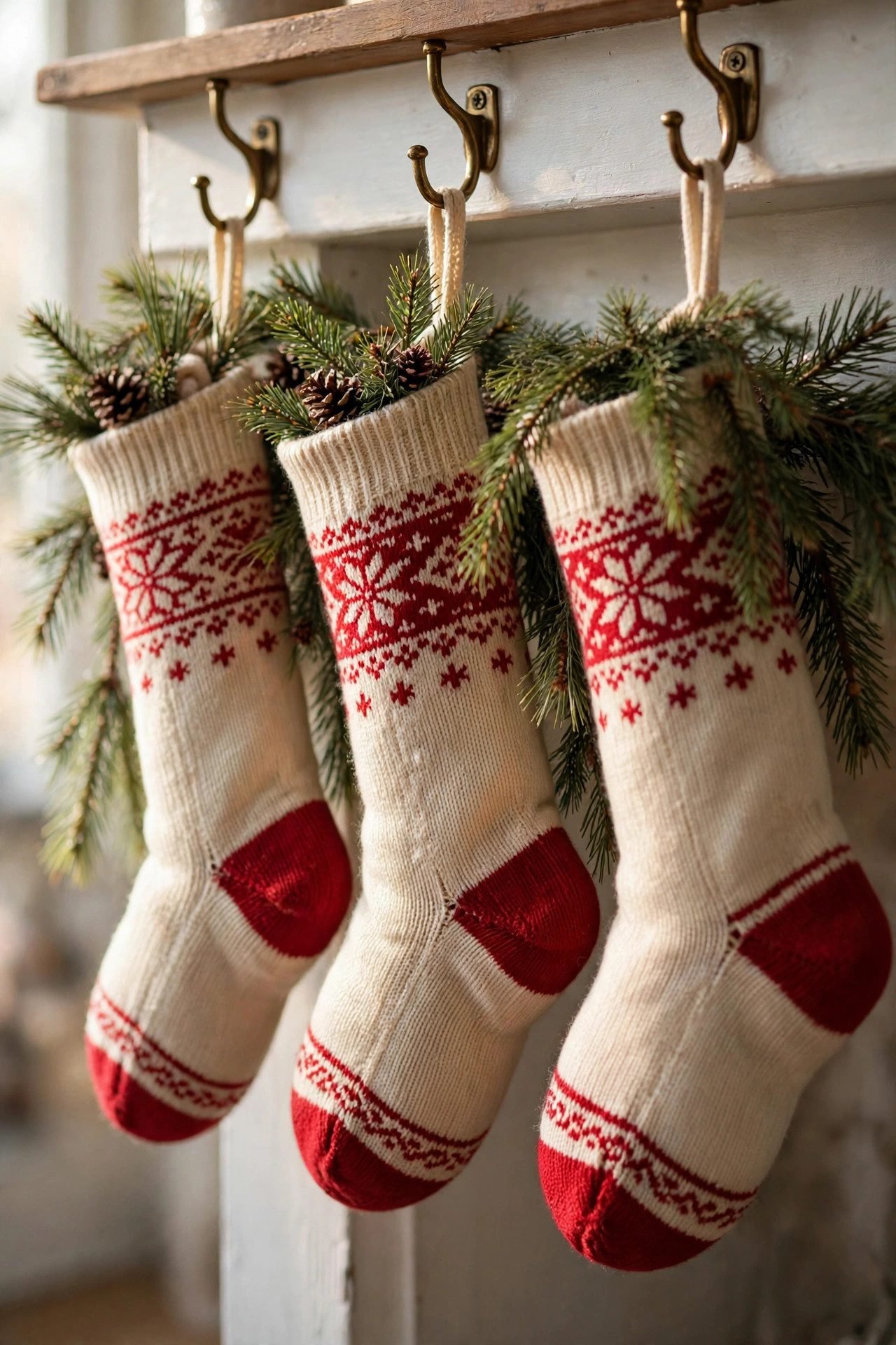 Three stockings hanging straight from brass hooks on a mantel