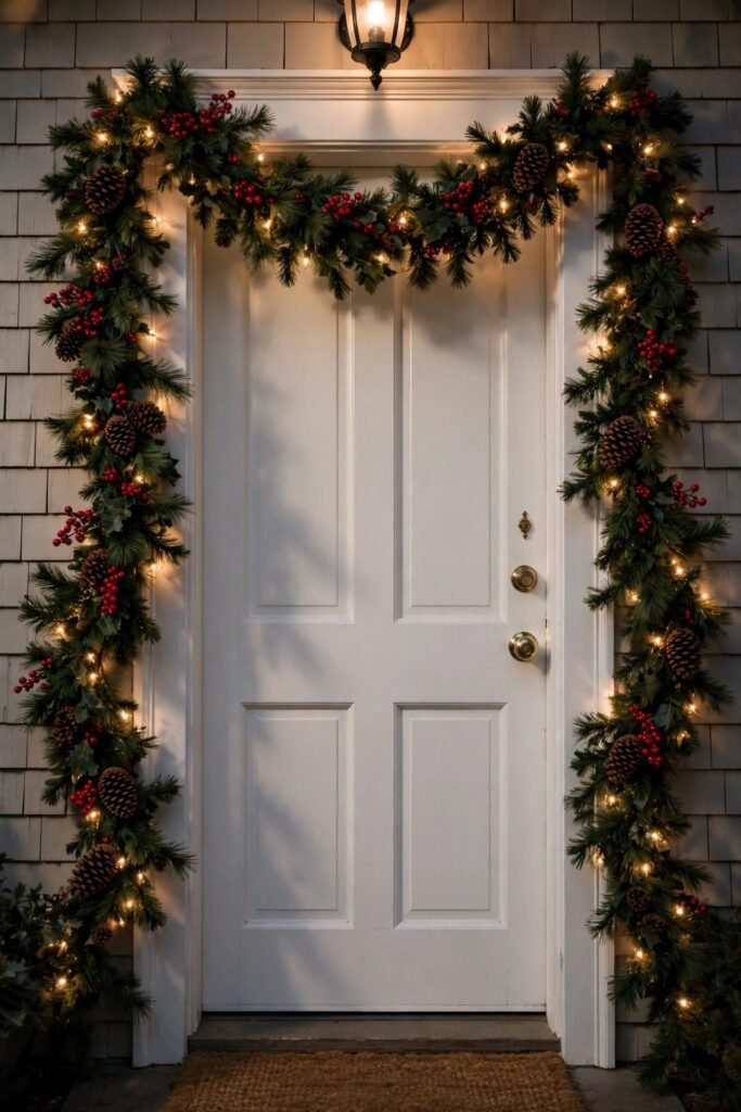 Pine garland with lights and berries framing a white front door