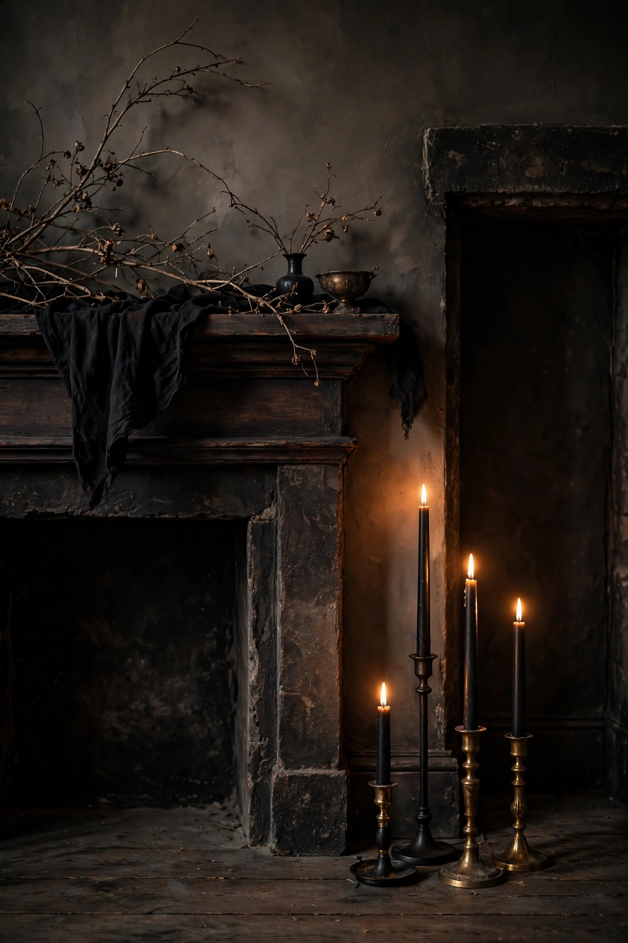 flameless taper candles at varying heights on a mantel for a witch party
