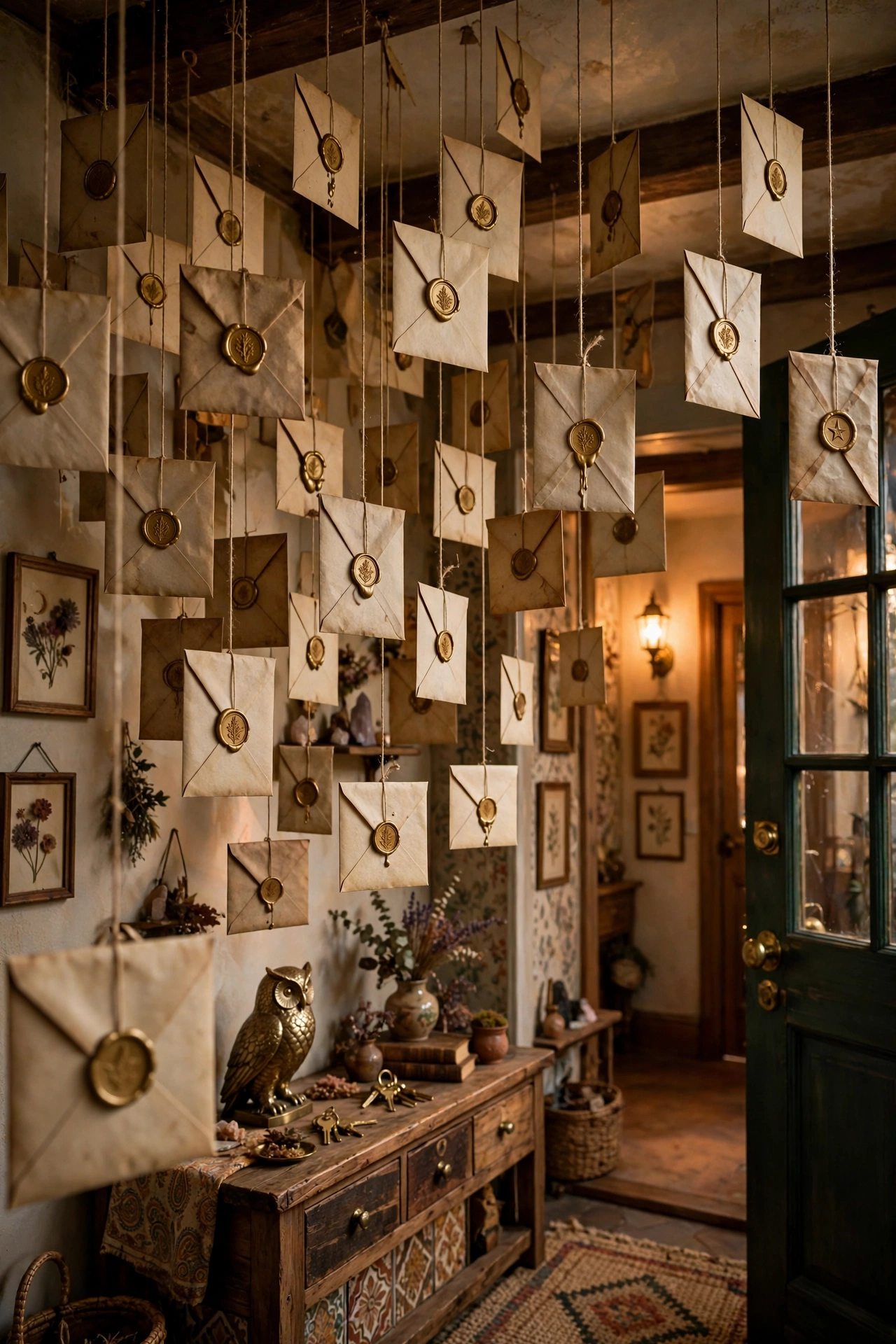 Sorting hat station with house-colored scarves on an entry console table